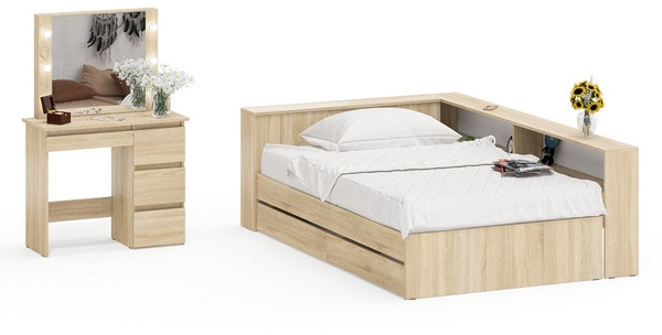 Ксения Кровать с ящиками 1200 + прикроватный блок + Столик с подсветкой Сура, дуб сонома