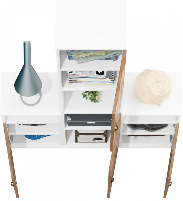 Лидер-8 Пенал + Тумба МД 3.19 + Тумба МД 3.19, белый шагрень/крафт золото