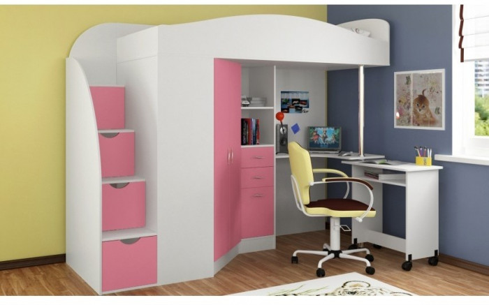 Детская кровать-чердак Теремок-1 Гранд,  Белый / Розовый