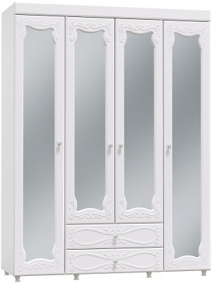 Шкаф 4-х дверный с ящиками и 4-я зеркалами Италия ИТ-64 белое дерево