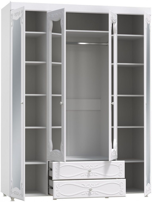 Шкаф 4-х дверный с ящиками и 4-я зеркалами Италия ИТ-64 белое дерево