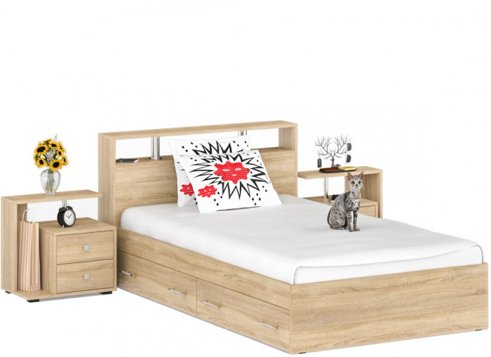 Камелия Кровать с ящиками 1200 + две тумбы, цвет дуб сонома, ШхГхВ 236х217х78,2 см., сп.м. 1200х2000 мм., без матраса, основание есть