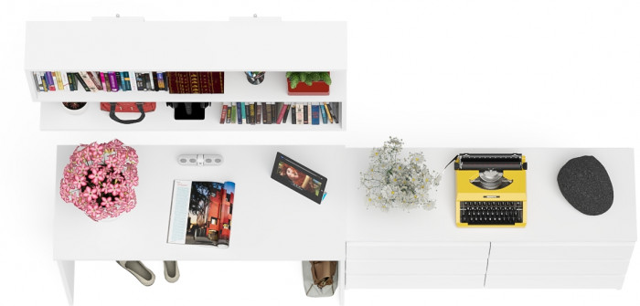 Мори Стол письменный МСП1200.1 + Комод МК1200.6 + Полка 1200, цвет белый, ШхГхВ 240,8х50х209,6 см., универсальная сборка