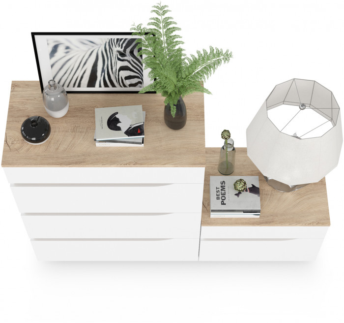 Муссон 13.97 Комод + 16.03 Тумба, цвет белый/дуб эндгрейн элегантный, ШхГхВ 133х39,4х92,6 см., четыре выдвижных ящика, ручки-вырезы, НЕ универс. сб.