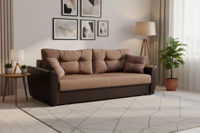 Диван-еврокнижка Амстердам, 150х195, пружинный блок, рогожка/экокожа, коричневый