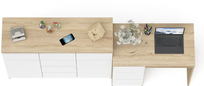 Мори компьютерный стол МС-6 левый + Комод МК1200.4, дуб сонома/белый