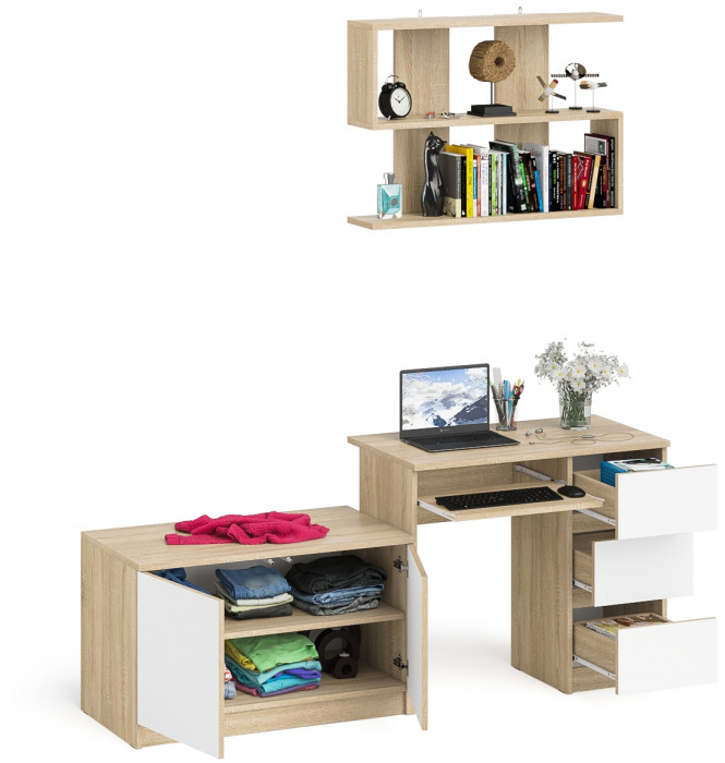 Мори компьютерный стол МС-6 правый + Тумба МА900.1 + Полка 900, дуб сонома/белый