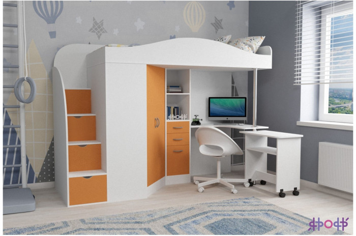 Кровать-чердак Юниор 4 (Дуб молочный/Оранжевый)