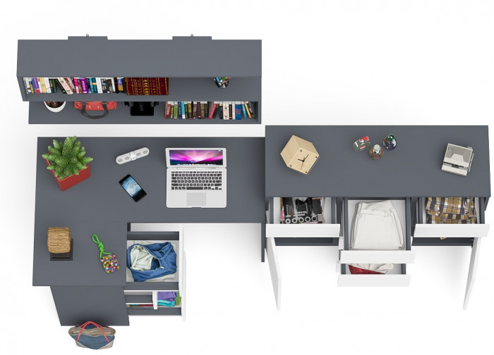 Мори компьютерный стол МС-16 левый + Комод МК1200.4 + Полка 1200, графит/белый