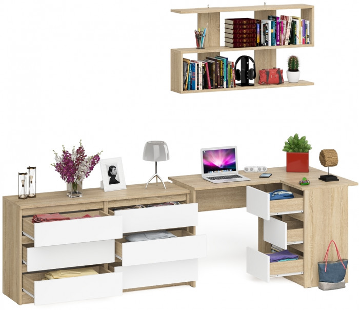 Мори компьютерный стол МС-16 правый + Комод МК1380.6 + Полка 1200, дуб сонома/белый