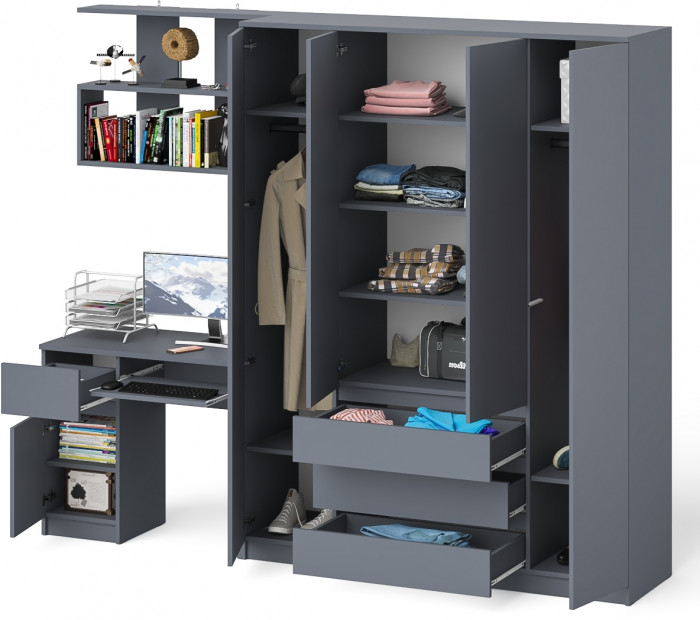 Мори Стол компьютерный МС-1 левый + Шкаф МШ1600.1 + Полка 900, цвет графит, ШхГхВ 250,4х50,4х209,6 см., НЕ универсальная сборка