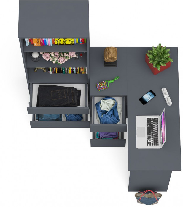 Мори Стол компьютерный МС-16 левый + Стеллаж МСТ600.3, цвет графит, ШхГхВ 184,8х84,9х179,6 см., выдвижные ящики слева, НЕ универсальная сборка