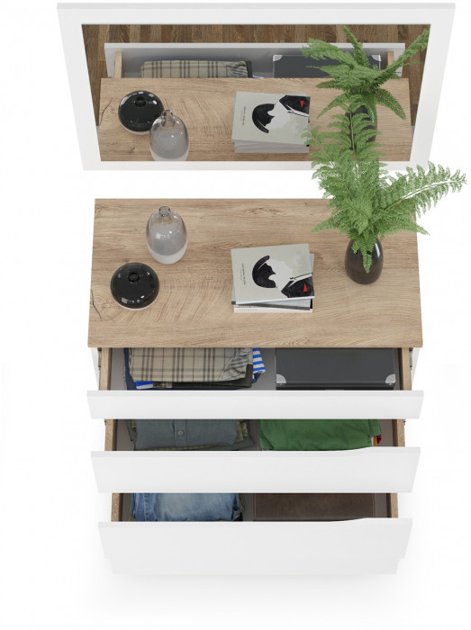 Муссон 13.97 Комод + Зеркало СВК, цвет белый/дуб эндгрейн элегантный, ШхГхВ 77х39,4х92,6 + 80х2х60 см., четыре выдвижных ящика, ручки-вырезы