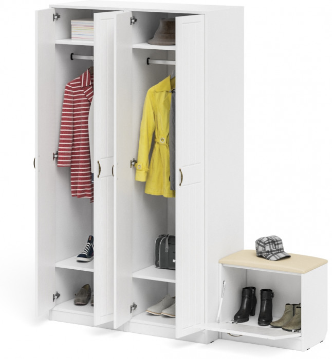 Прихожая П-6 Компоновка № 07, цвет белая шагрень/фасады МДФ белое дерево фрезеровка прованс, ШхГхВ 180х50х210 см., универсальная сборка