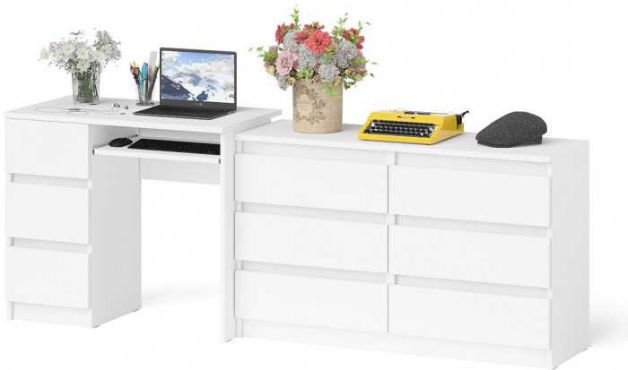 Мори компьютерный стол МС-6 левый + Комод МК1200.6, белый