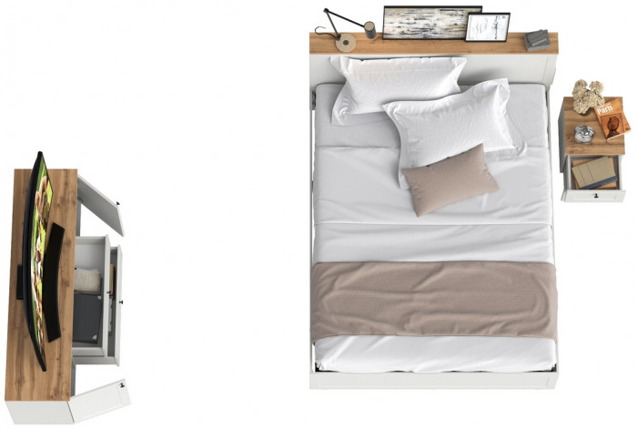 Остин 11.53 Кровать + ортопед + 16.47 Тумба под ТВ + 16.152 Тумба прикроватная, белый шагрень/дуб крафт золотой