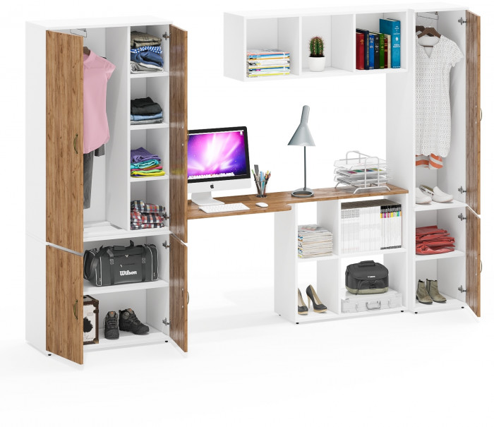 Лидер-8 Шкаф МД 20Б + Стол + Полка + Пенал 21Б, цвет белый шагрень/крафт золото, ШхГхВ 285х50/37,5х75/190 или 195х120х75/190 см., НЕ ун.сб.