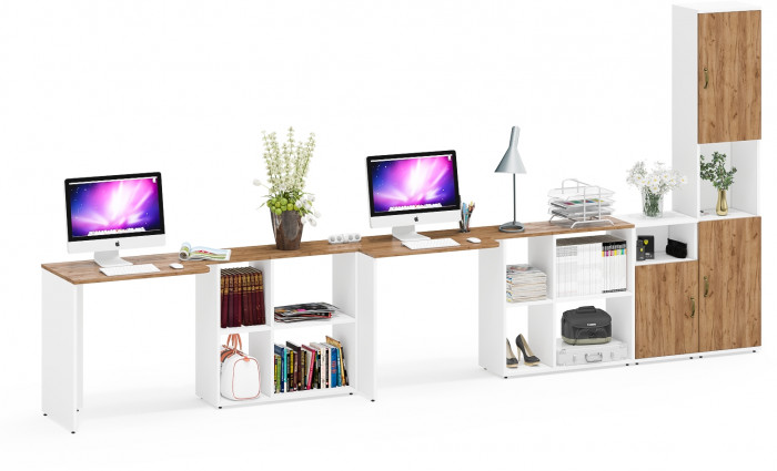 Лидер-8 Стол + Стол + Пенал + Тумба МД 3.19, цвет белый шагрень/крафт золото, ШхГхВ 410х50/30х75/190 см. или 230х50/160х75/190 см., НЕ универс. сборка