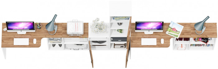 Лидер-8 Стол + Стол + Пенал + Тумба МД 3.19, цвет белый шагрень/крафт золото, ШхГхВ 410х50/30х75/190 см. или 230х50/160х75/190 см., НЕ универс. сборка