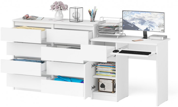 Мори Стол компьютерный МС-1 левый + Комод МК1200.8, цвет белый, ШхГхВ 210,4х50х94 см., выдвижной ящик слева, НЕ универсальная сборка
