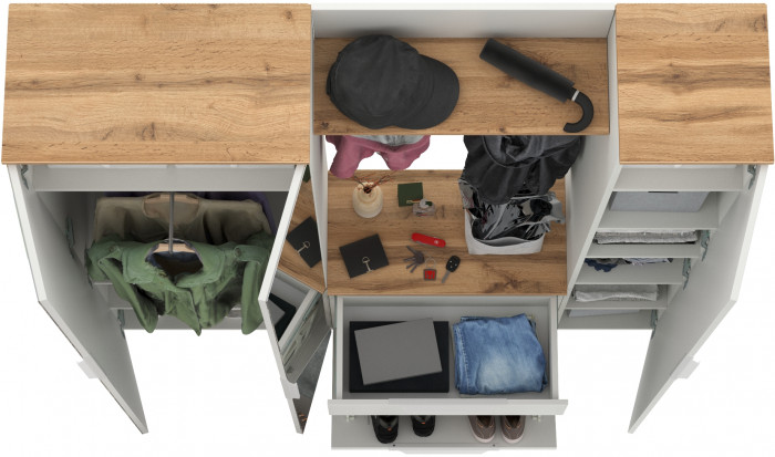 Октава Прихожая 22, цвет белый шагрень/дуб крафт золотой/фасады МДФ белый шагрень, ШхГхВ 161,5х35,4х197,6 см., универсальная сборка