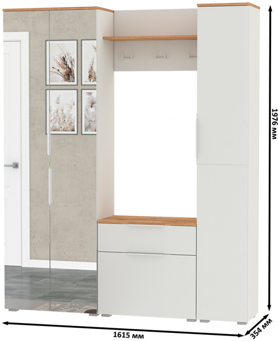 Октава Прихожая 22, цвет белый шагрень/дуб крафт золотой/фасады МДФ белый шагрень, ШхГхВ 161,5х35,4х197,6 см., универсальная сборка