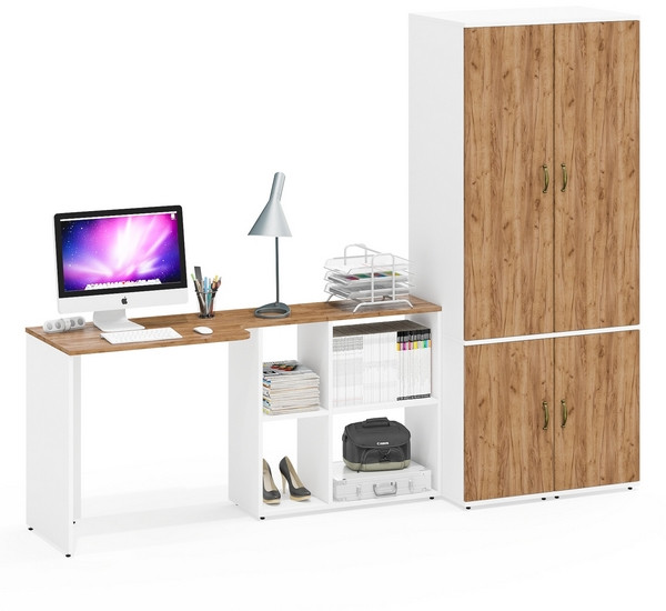 Лидер-8 Стол + Пенал МД 23Б + Пенал МД 23Б, белый шагрень/крафт золото