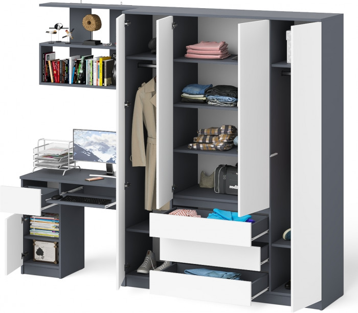 Мори Стол компьютерный МС-1 левый + Шкаф МШ1600.1 + Полка 900, цвет графит/белый, ШхГхВ 250,4х50,4х209,6 см., НЕ универсальная сборка