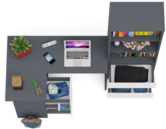 Мори Стол компьютерный МС-16 левый + Стеллаж МСТ600.3, цвет графит/белый, ШхГхВ 184,8х84,9х179,6 см., выдвижные ящики слева, НЕ универсальная сборка