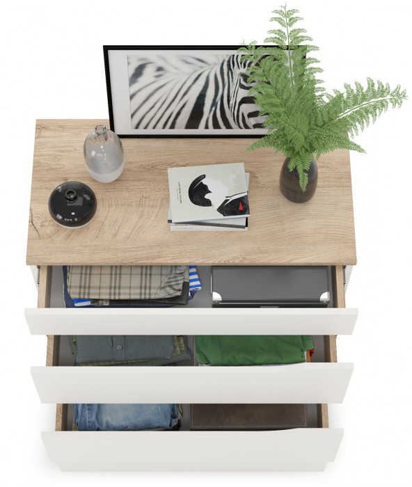 Муссон 13.97 Комод, цвет белый/дуб эндгрейн элегантный, ШхГхВ 77х39,4х92,6 см., четыре выдвижных ящика, ручки-вырезы, НЕ универсальная сборка