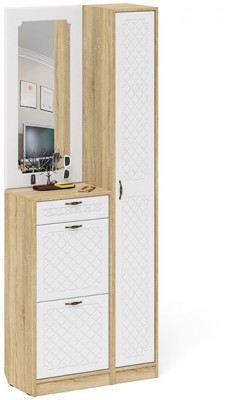 Прихожая П-6 Компоновка № 23, цвет дуб сонома/фасады МДФ белое дерево фрезеровка ромб, ШхГхВ 80х35х210 см., универсальная сборка