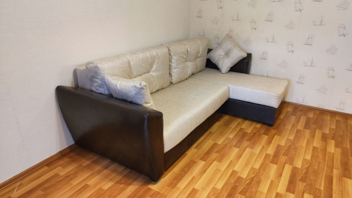 Диван-кровать угловой Амстердам, 150х200, еврокнижка, рогожка/экокожа, бежево-коричневый