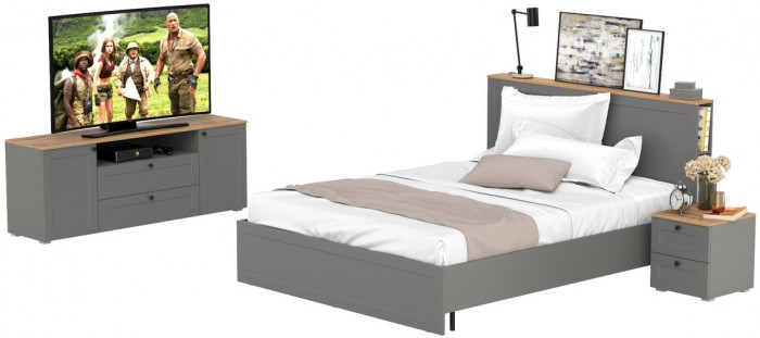 Остин 11.53 Кровать + ортопед + 16.47 Тумба под ТВ + 16.152 Тумба прикроватная, серый графит/дуб крафт золотой
