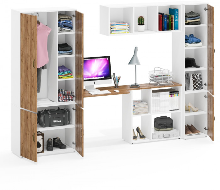 Лидер-8 Шкаф МД 20Б + Стол + Полка + Пенал 22Б, цвет белый шагрень/крафт золото, ШхГхВ 285х50/37,5х75/190 или 195х120х75/190 см., НЕ ун.сб.