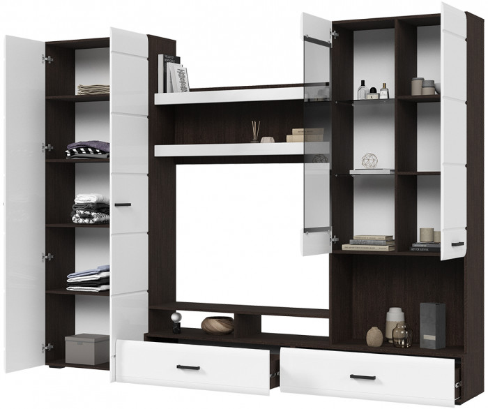 ЛИБЕРТИ ГС 01 Гостиная (2800х2100х400) Фасад МДФ БЕЛЫЙ ГЛЯНЕЦ/Корпус ВЕНГЕ