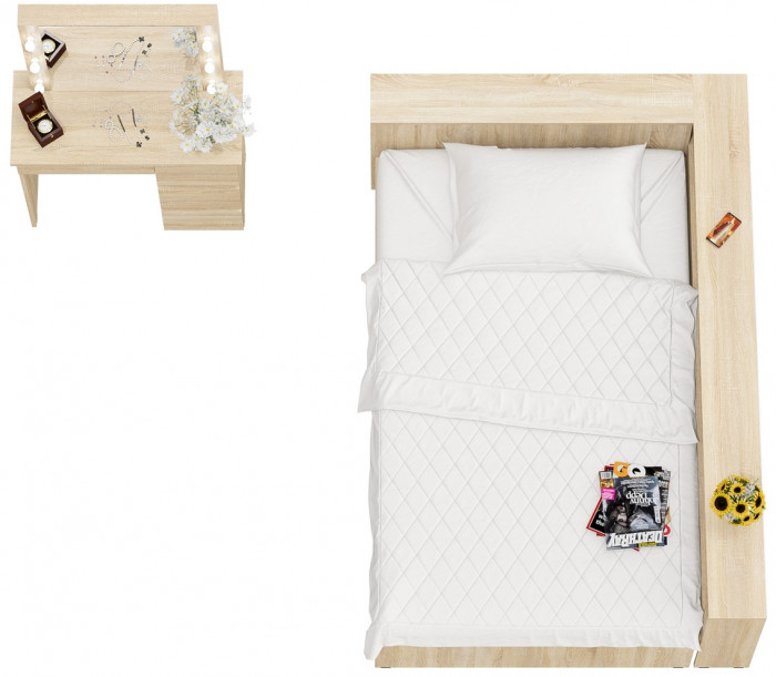 Ксения Кровать с ящиками 1200 + прикроватный блок + Столик с подсветкой Сура, дуб сонома