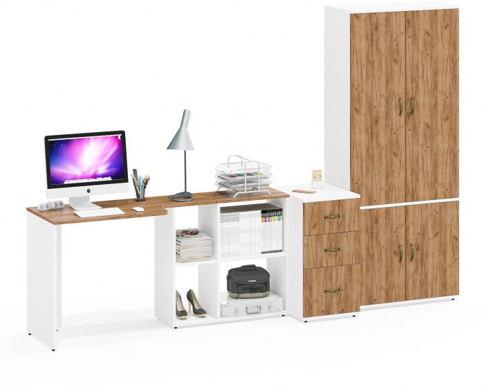 Лидер-8 Стол + Тумба МД 3.16 + Шкаф МД 20Б, цвет белый шагрень/крафт золото, ШхГхВ 285х50/37,5х75/190 или 115х200/50х75/190 см., НЕ ун. сборка