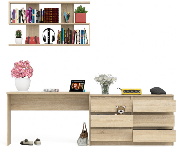 Мори Стол письменный МСП1200.1 + Комод МК1200.6 + Полка 1200, цвет дуб сонома, ШхГхВ 240,8х50х209,6 см., универсальная сборка