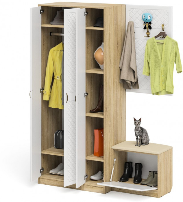 Прихожая П-6 Компоновка № 47, дуб сонома/фасады МДФ белое дерево фрезеровка ромб