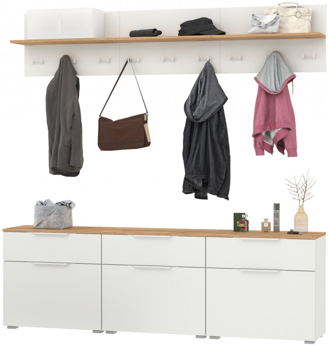 Октава Прихожая 04, цвет белый шагрень/дуб крафт золотой/фасады МДФ белый шагрень, ШхГхВ 194,7х35,4х197 см.