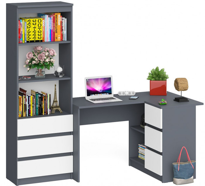 Мори компьютерный стол МС-16 правый + Стеллаж МСТ600.3, графит/белый