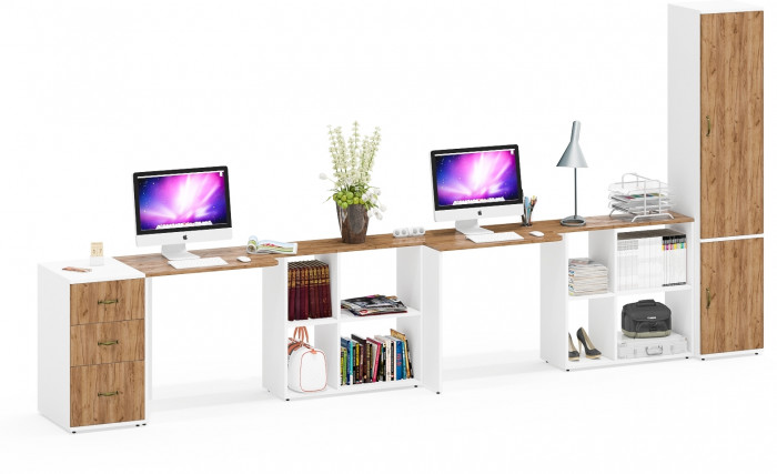 Лидер-8 Стол + Стол + Пенал МД 21Б + Тумба МД 3.16, цвет белый шагрень/крафт золото, ШхГхВ 410х50/37,5х75/190 или 270х120/50х75/190 см., НЕ ун. сб.