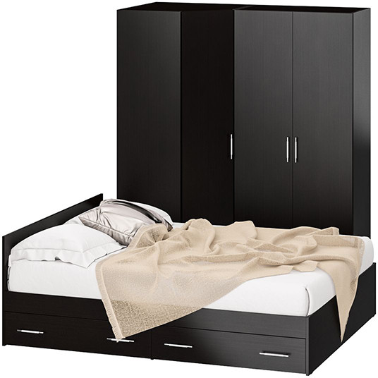 Спальня Стандарт 2-1600Я, цвет венге, ШхГхВ 163,5х203,5х70 + 171,2х81,2х200 см., сп.м. 1600х2000 мм., без матраса, основание есть