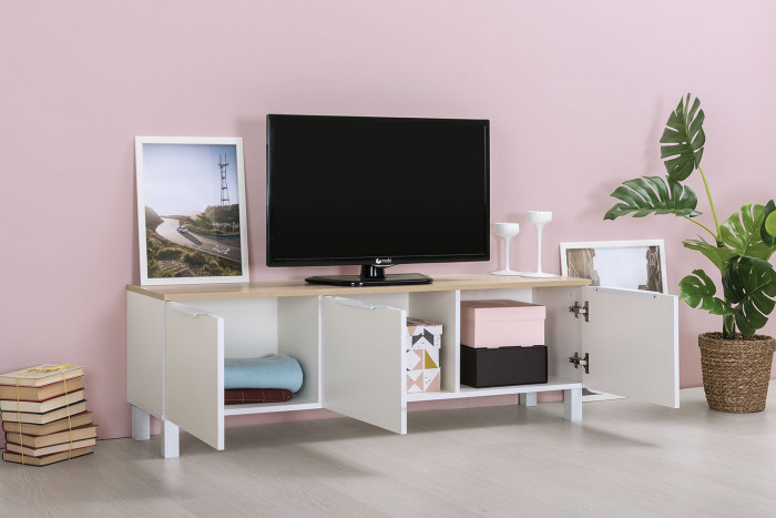 КР100 Тумба под ТВ 13.267.01, цвет белый шагрень/дуб сонома, ШхГхВ 138,4х34,9х43,8 см., универсальная сборка (100)