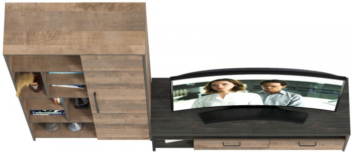 Трувор 13.70 Тумба под ТВ + 13.206 Шкаф-стеллаж, цвет дуб гранж песочный/интра, ШхГхВ 242,8х45,4х194,2 см., универсальная сборка