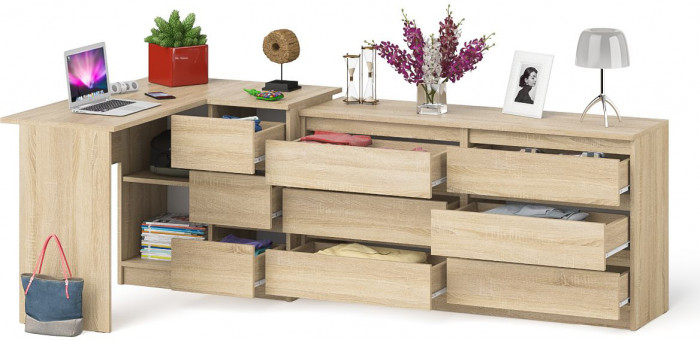 Мори компьютерный стол МС-16 правый + Комод МК1380.6, дуб сонома