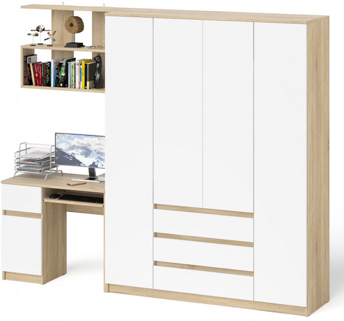Мори Стол компьютерный МС-1 левый + Шкаф МШ1600.1 + Полка 900, цвет дуб сонома/белый, ШхГхВ 250,4х50,4х209,6 см., НЕ универсальная сборка