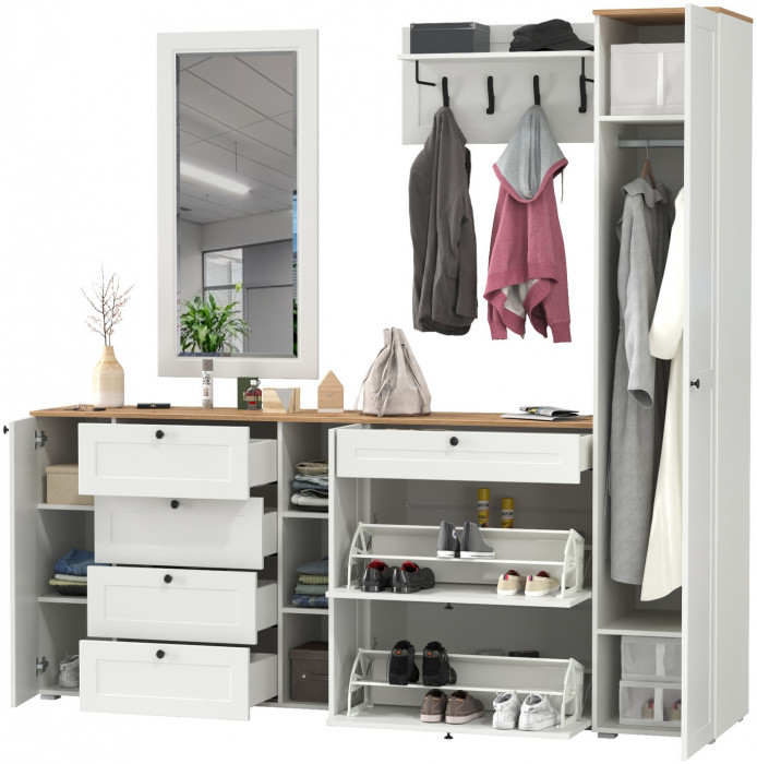 Остин Прихожая 57, цвет белый шагрень/дуб крафт золотой, ШхГхВ 240х54,3х229,6 см., универсальная сборка