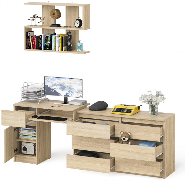 Мори компьютерный стол МС-1 левый + Комод МК1200.6 + Полка 900, дуб сонома