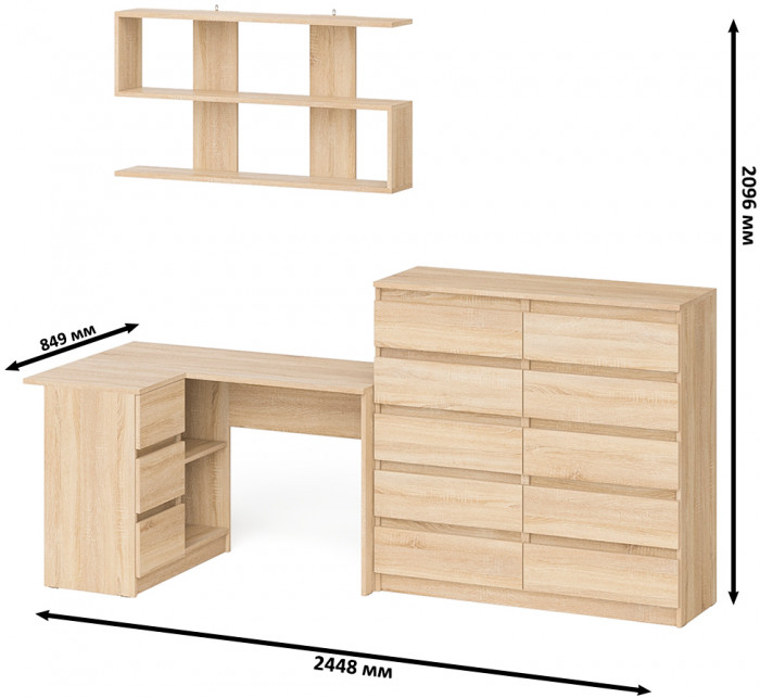 Мори компьютерный стол МС-16 левый + Комод МК1200.10 + Полка 1200, дуб сонома